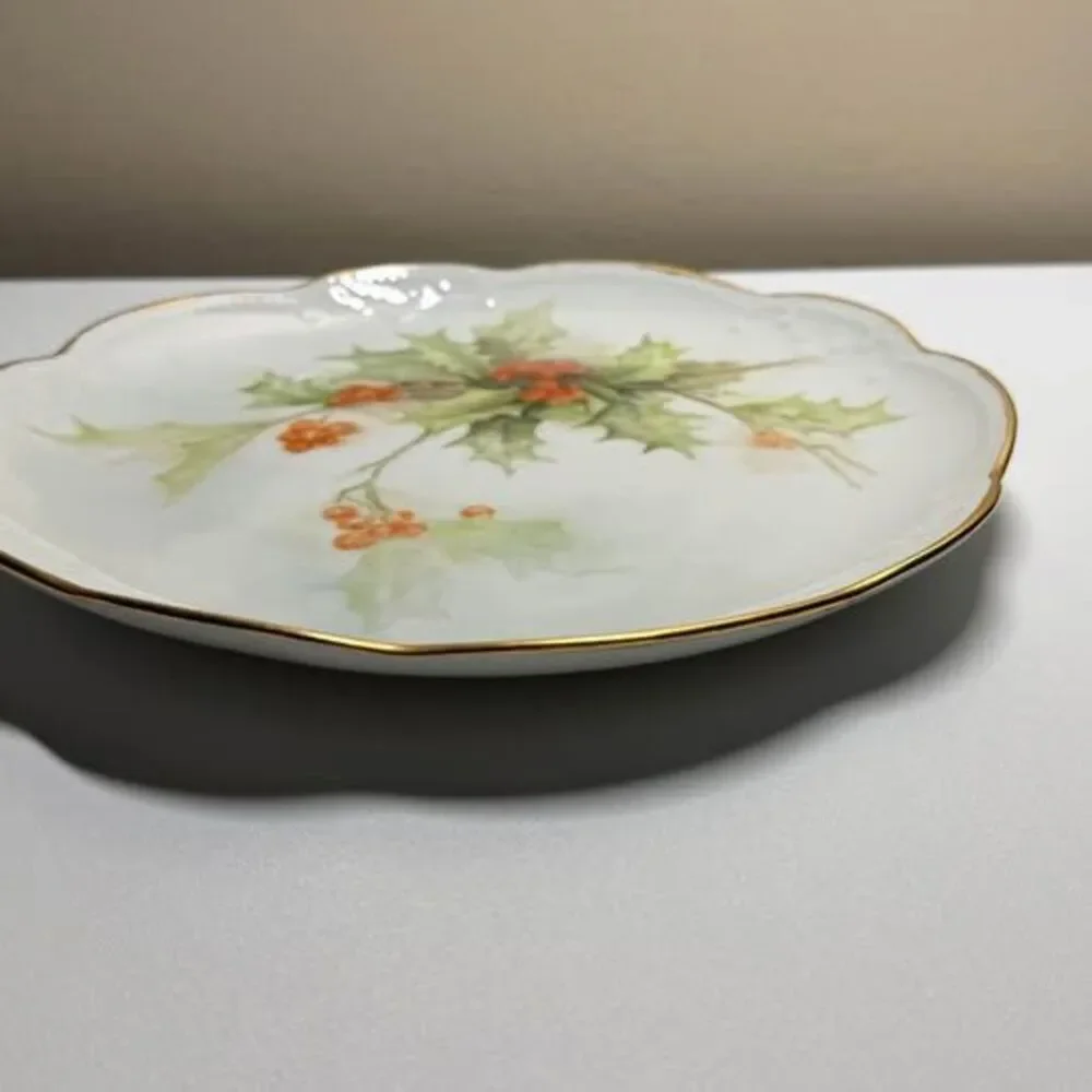 Vintage Hand-Painted Holly and Berry Porcelain Plate Signed 1980